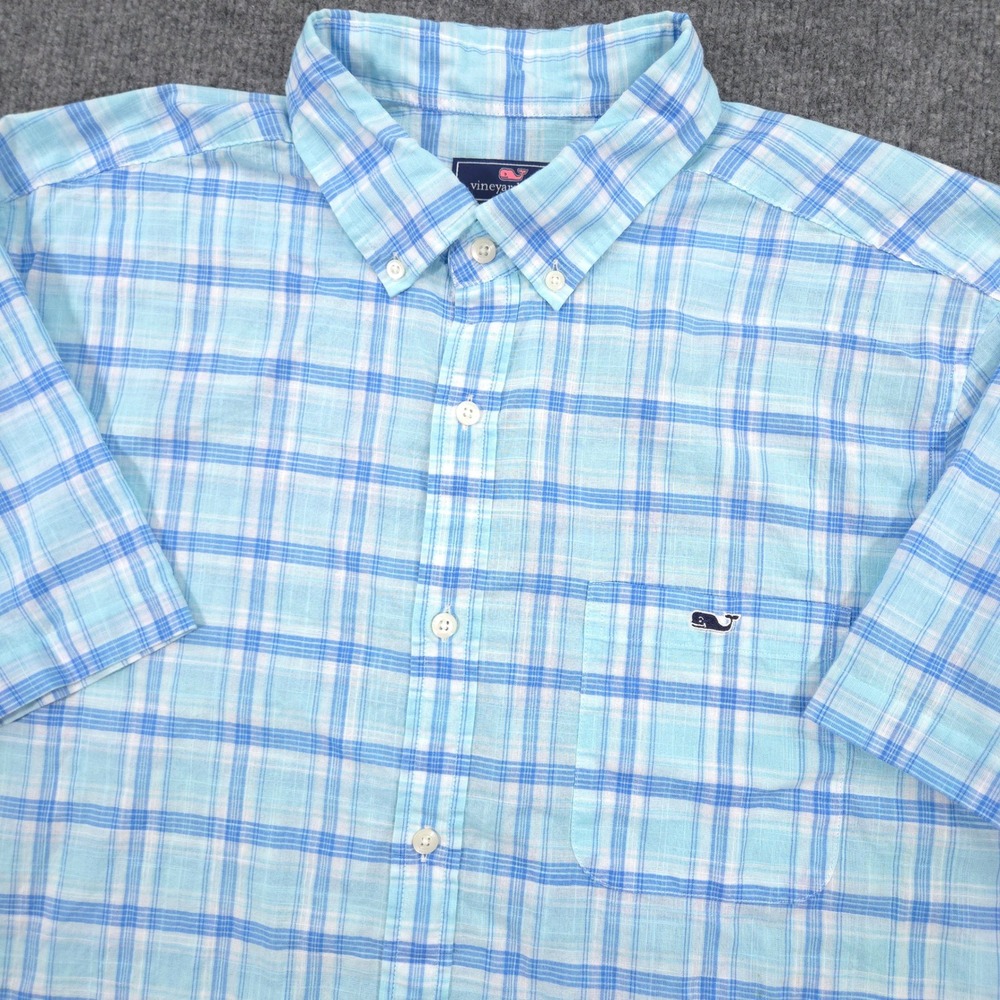 Vineyard Vines Shirt Mens XL Blue Plaid Classic Fit Tucker Whale Short Sleeve